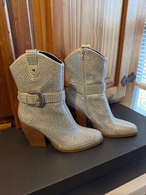 Mix No. 6 silver rhinestone Studded Western Ankle Boots with Buckle Strap